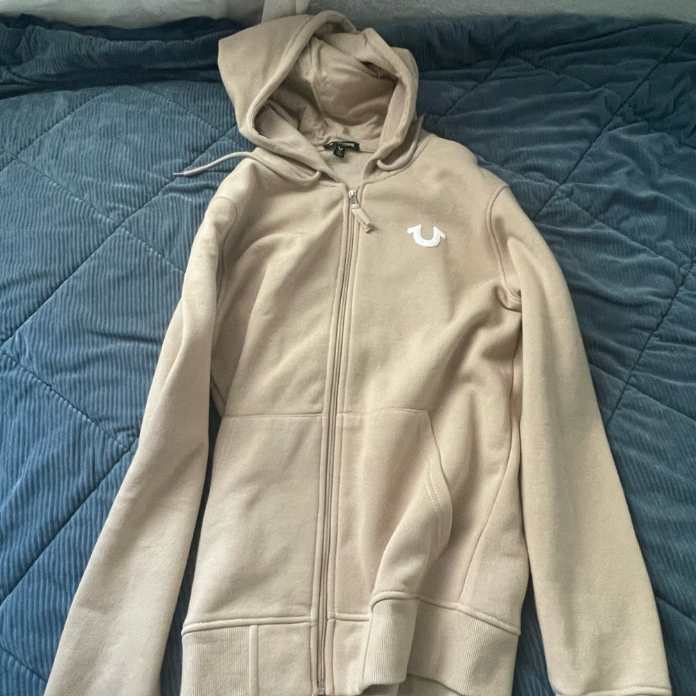 True religion Beige Zip-Up Hoodie with Logo
